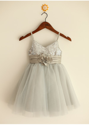 Spaghetti Straps V Neck Silver Sequin Gray Tulle Flower Girl Dress